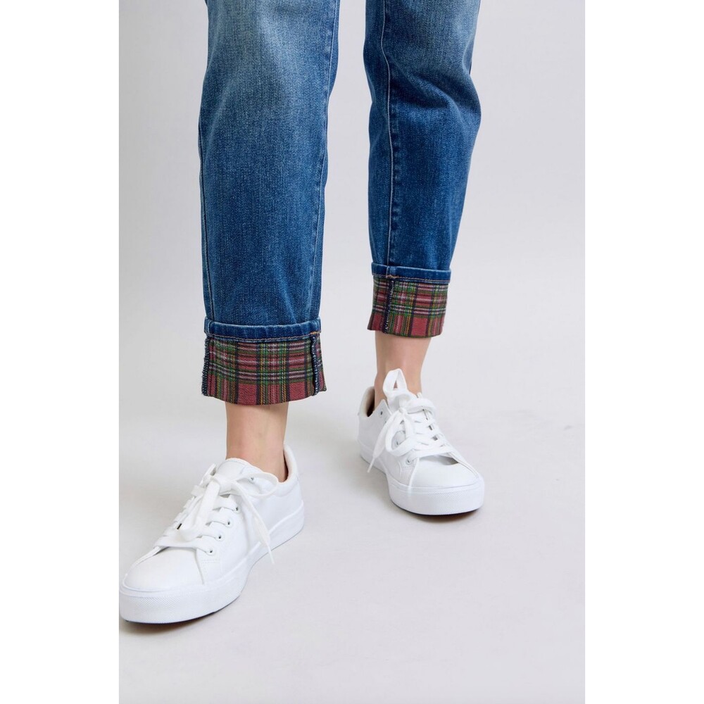 Woman's Judy Blue Plaid Cuffed Mid Rise Boyfriend Jeans Size 3/26 NWT